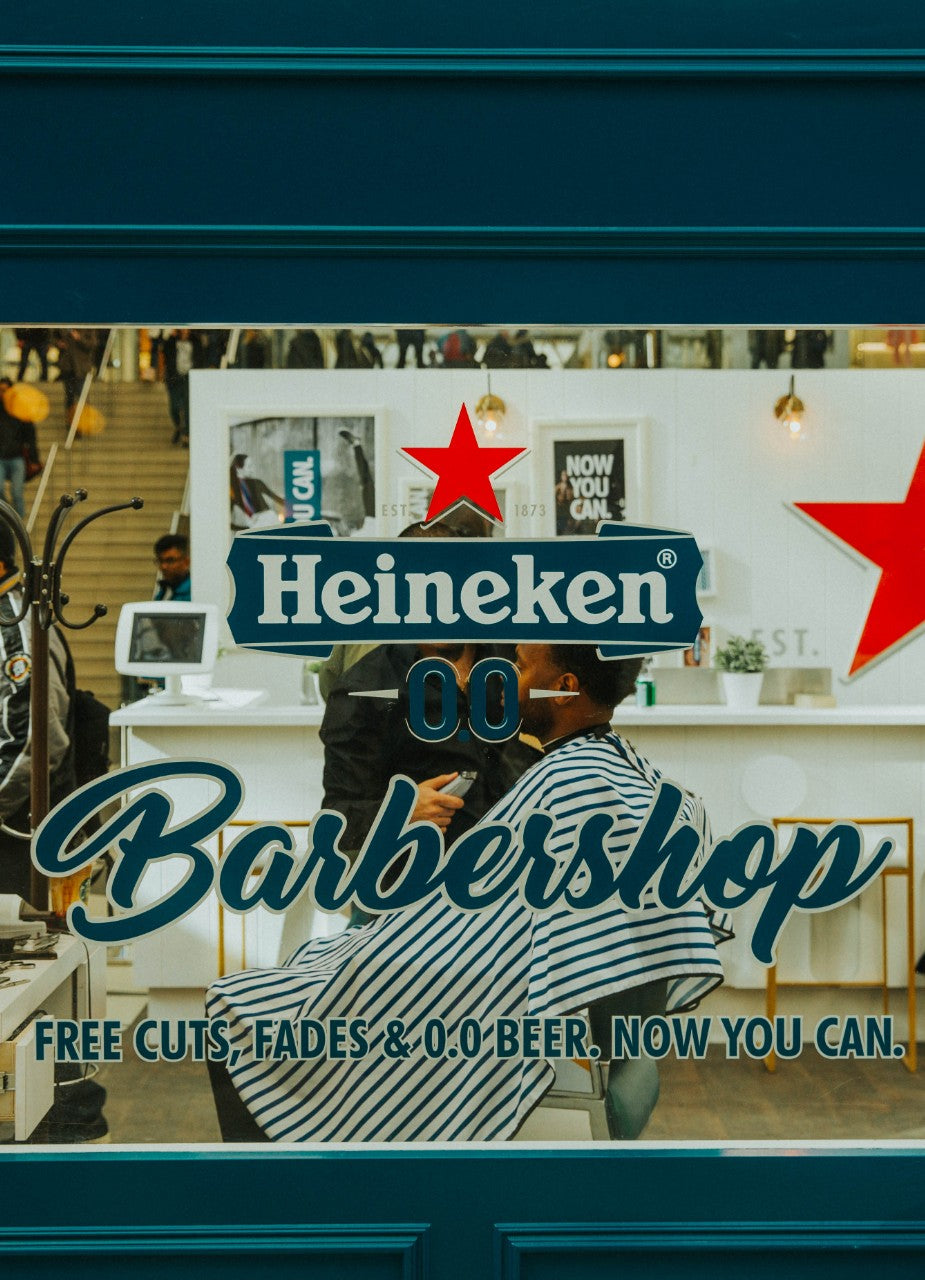 Heineken 0.0 barbershop pop-up in Toronto Eaton Centre Mall with Fade Room barbers